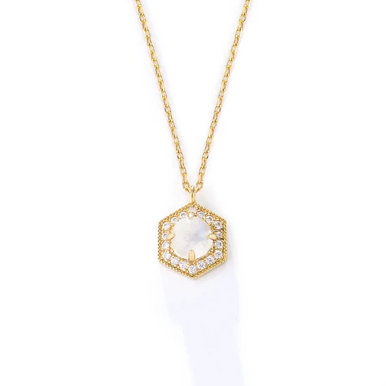 Simples ins moda 14k banhado a ouro boa sorte hexagonal natural moonstone 925 colar de prata jóias para mulher